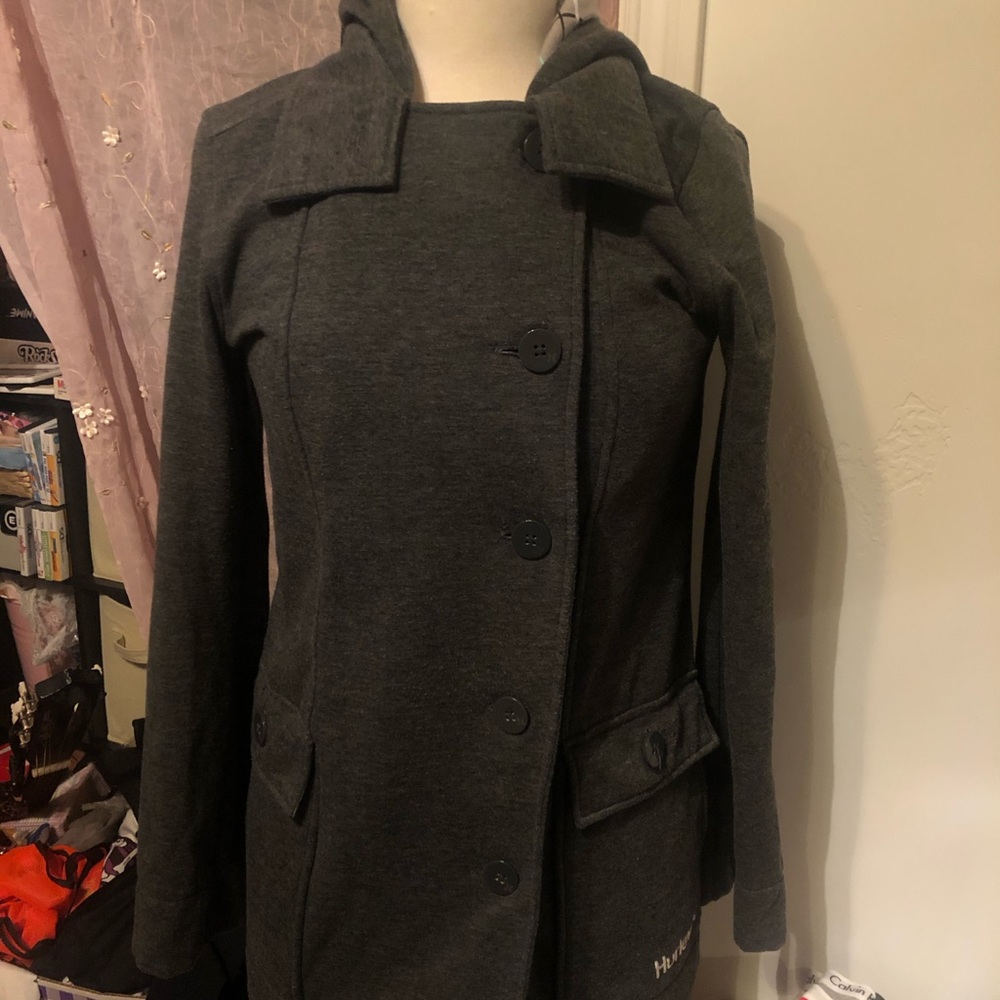 Harely brand Peacoat with plaid lined hoodie.